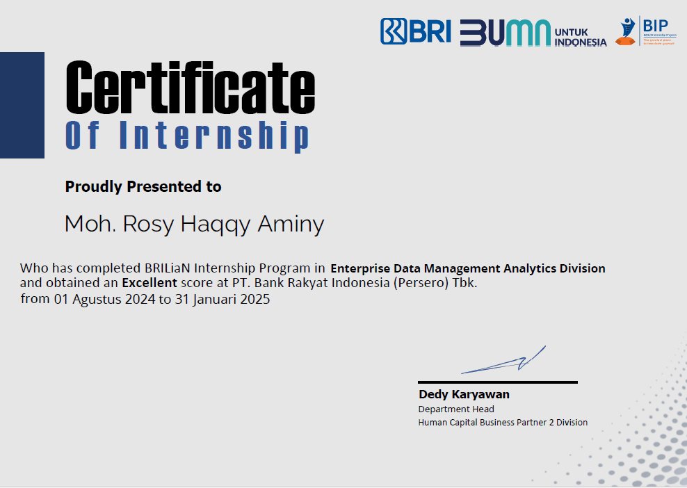 BRI certificate of internship awarded to Moh. Rosy Haqqy Aminy