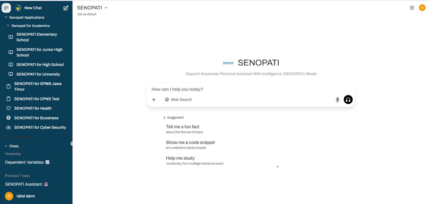 SENOPATI chat interface showing the assistant model picker and suggested prompts